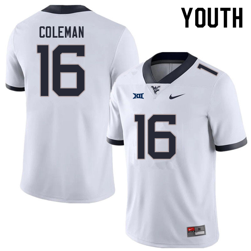 Youth #16 Caleb Coleman West Virginia Mountaineers College Football Jerseys Sale-White - Click Image to Close